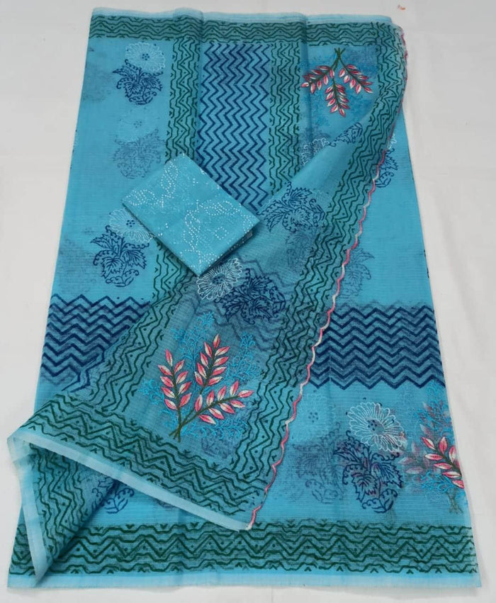 Kota Doria Cotton Blue Color Embroidered Saree with Fine Block Print