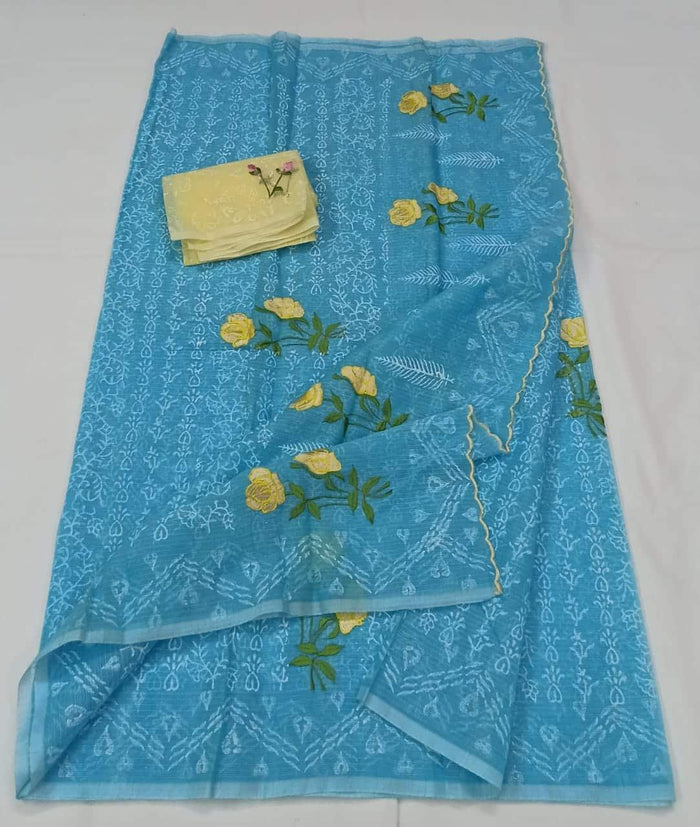 Kota Doria Cotton Blue Color Embroidered Saree with Fine Block Print