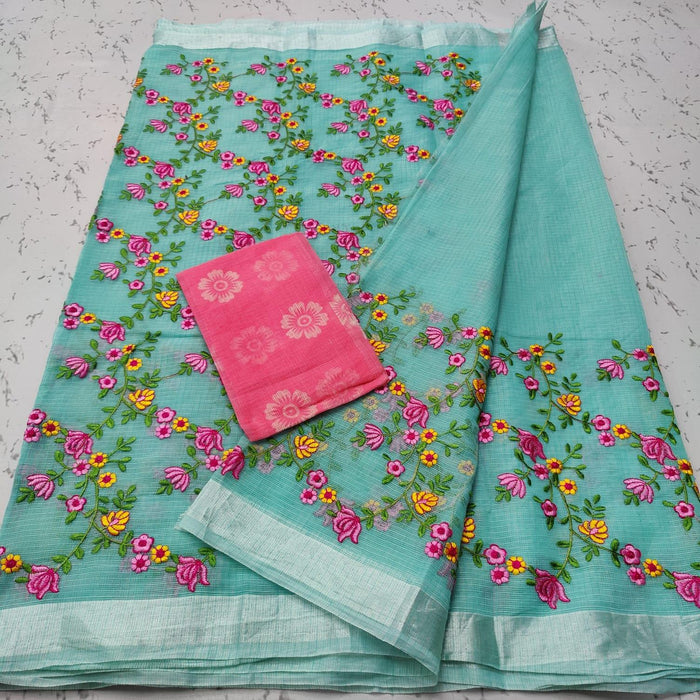 Kota Doria Cotton Blue Color Embroidery Sarees
