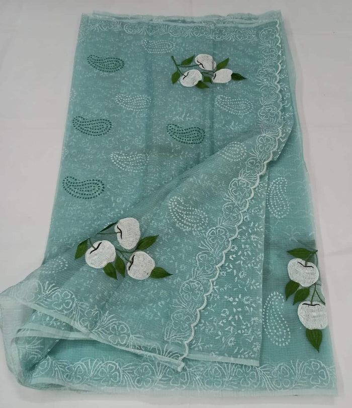 Kota Doria Cotton Embroidered Blue Color Saree with Fine Block Print