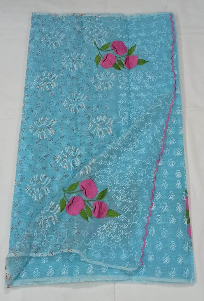 Kota Doria Cotton Embroidered Blue Color Saree with Fine Block Print
