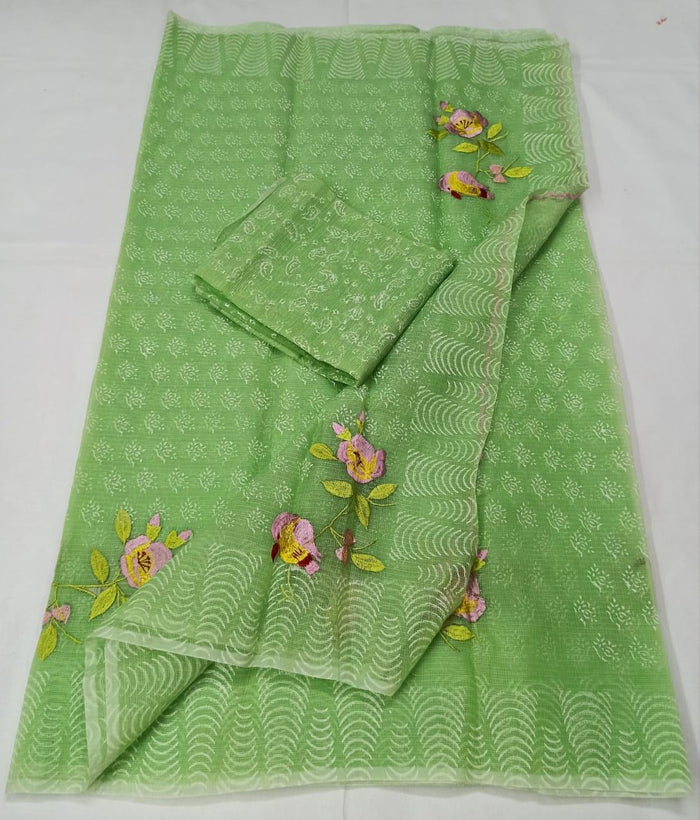 Kota Doria Cotton Embroidered Green Color Saree with Fine Block Print