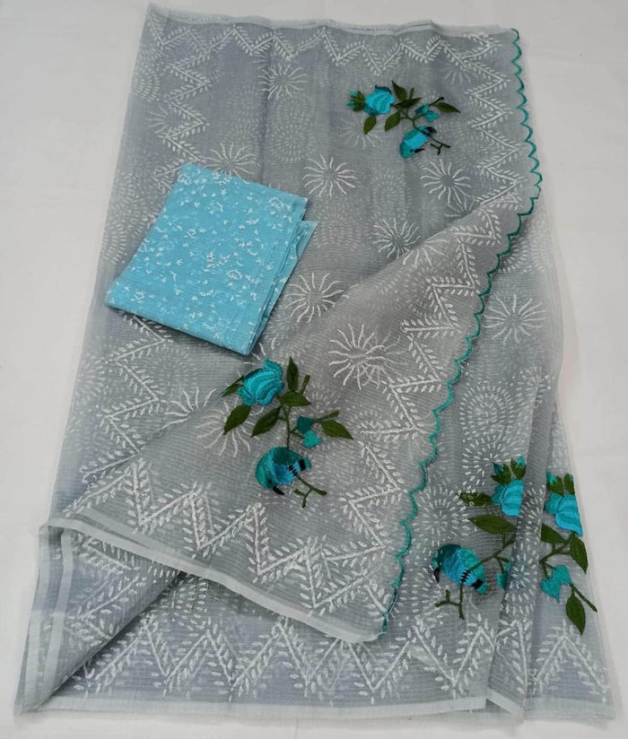 Kota Doria Cotton Embroidered Grey Colour Saree with Fine Block Print