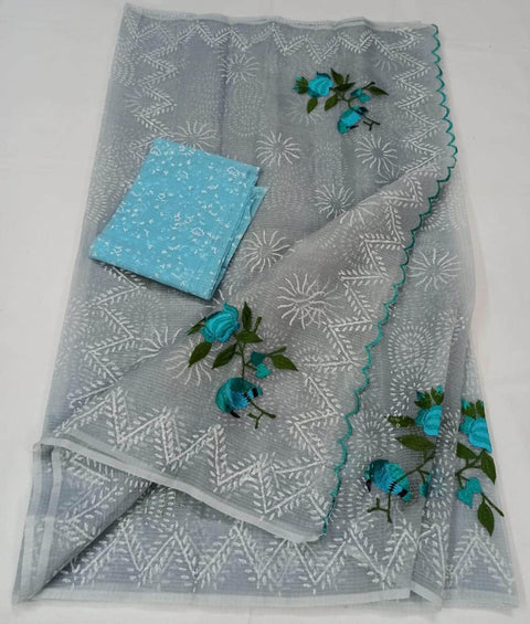 Kota Doria Cotton Embroidered Grey Color Saree with Fine Block Print - Trend In Need