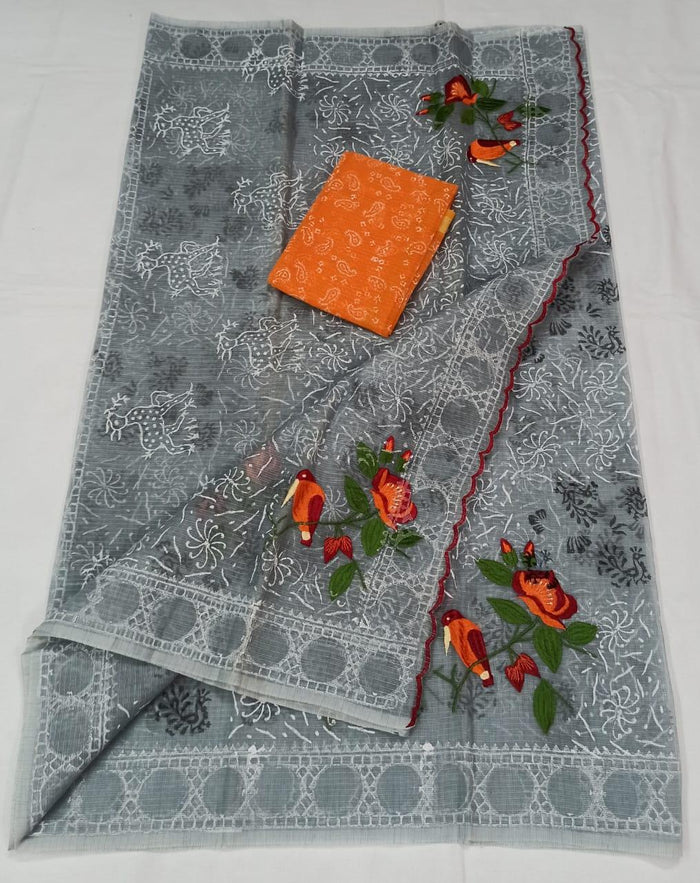 Kota Doria Cotton Embroidered Grey Color Saree with Fine Block Print