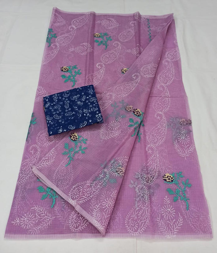 Kota Doria Cotton Embroidered Lavender Color Saree with Fine Block Print