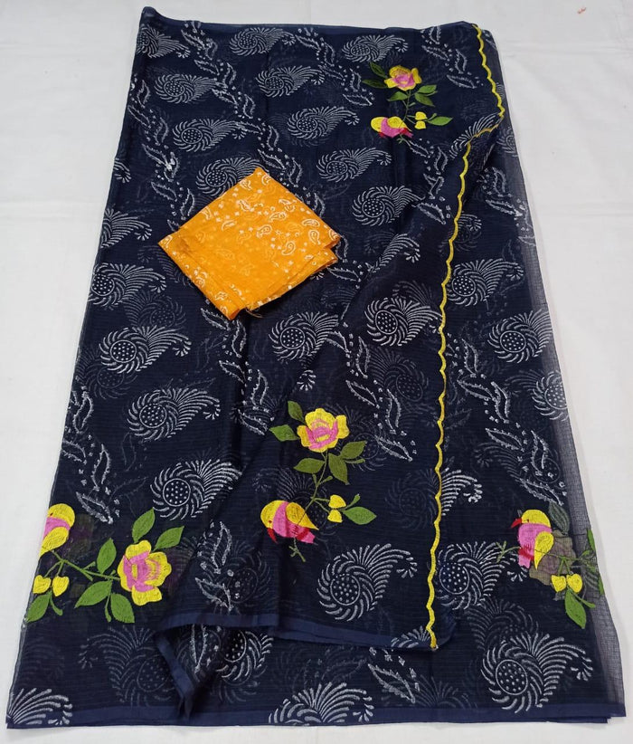 Kota Doria Cotton Embroidered Navy Blue Color Saree with Fine Block Print