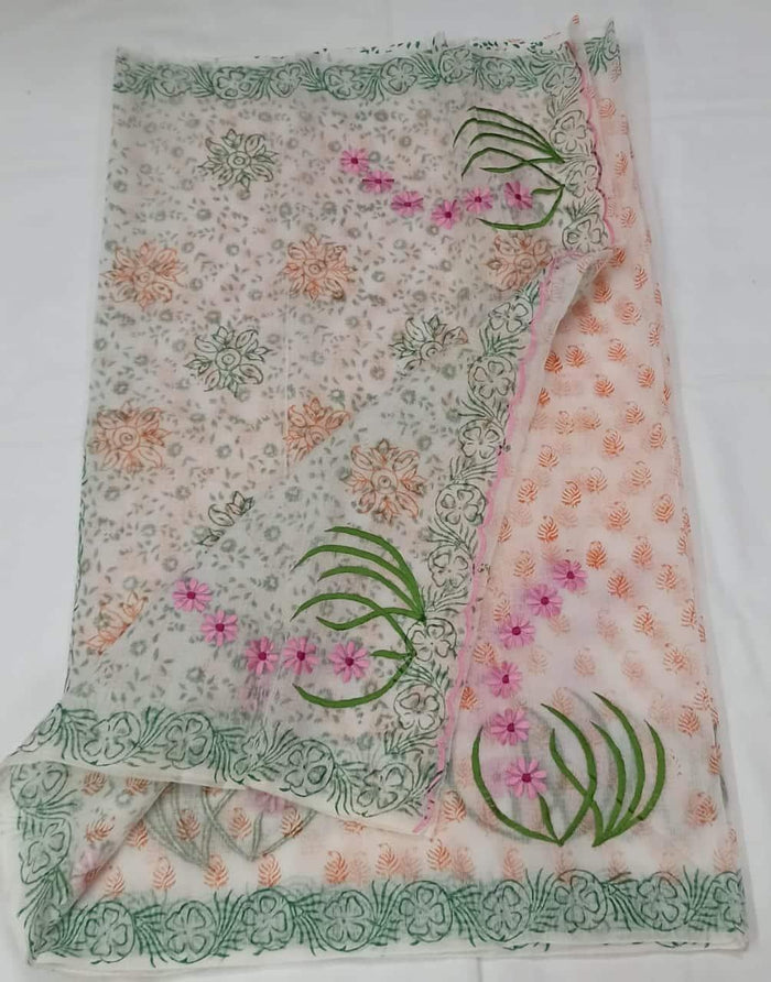 Kota Doria Cotton Embroidered Off White Color Saree with Fine Block Print