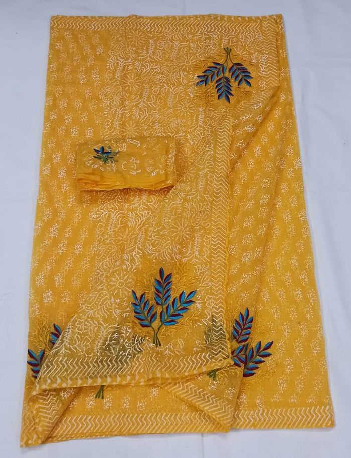 Kota Doria Cotton Embroidered Orange Color Saree with Fine Block Print
