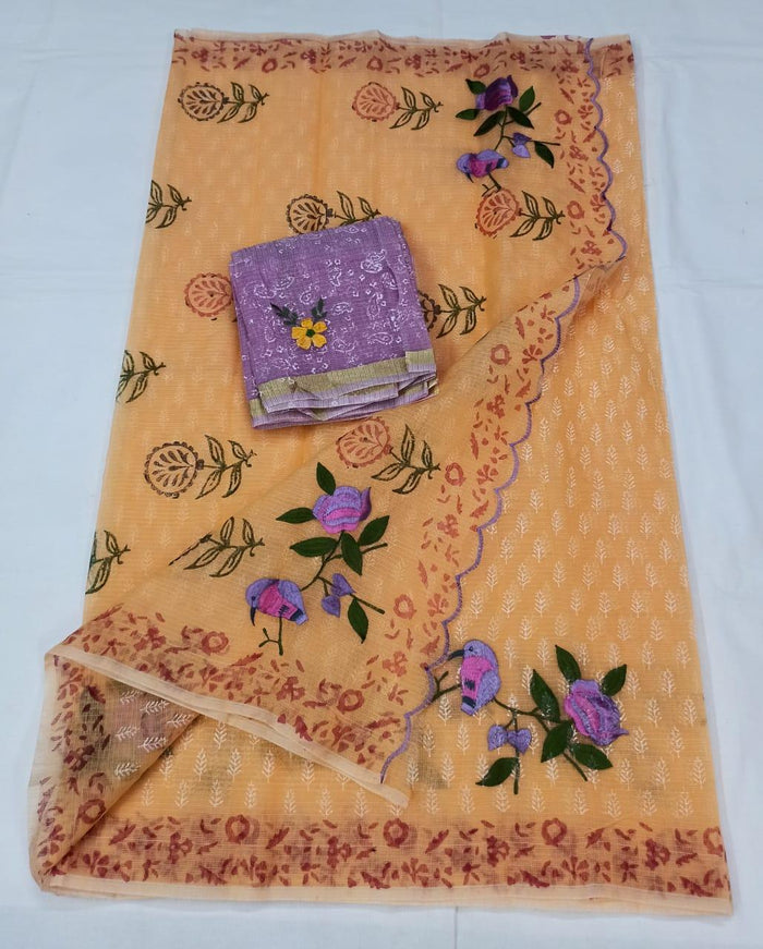 Kota Doria Cotton Embroidered Peach Color Saree with Fine Block Print