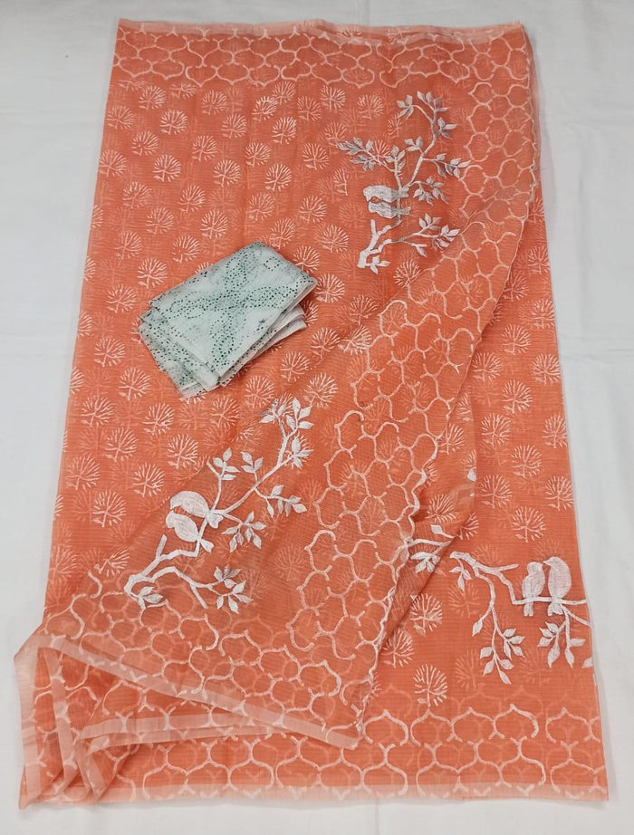 Kota Doria Cotton Embroidered Peach Color Saree with Fine Block Print