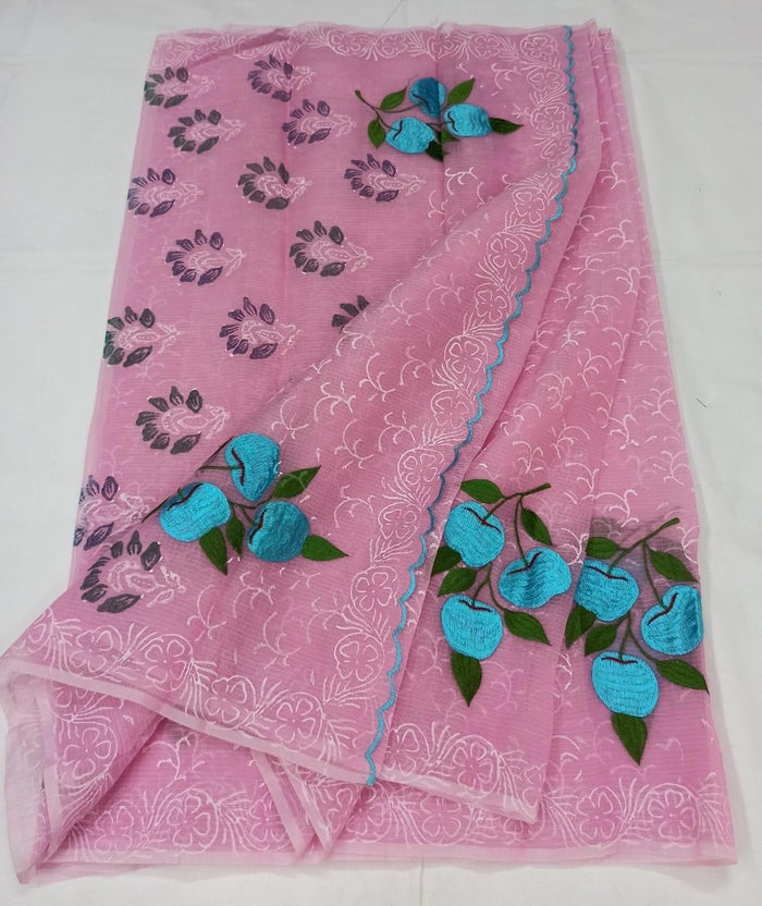 Kota Doria Cotton Embroidered Pink Color Saree with Fine Block Print