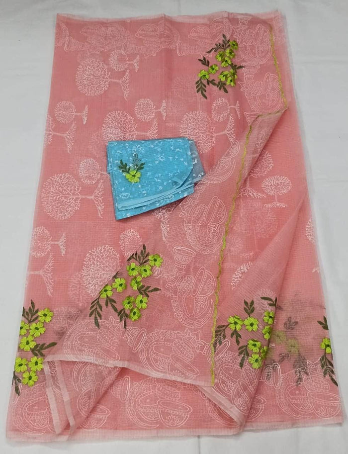 Kota Doria Cotton Embroidered Pink Color Saree with Fine Block Print