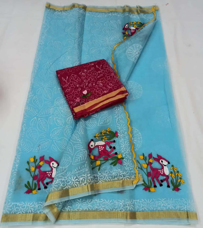 Kota Doria Cotton Embroidered Saree Blue Color with Fine Block Print