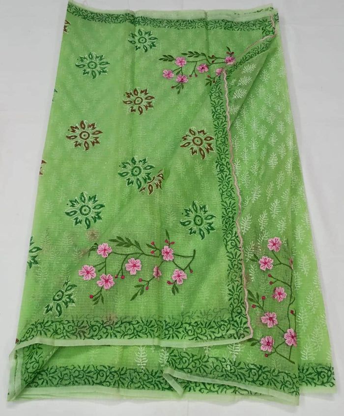 Kota Doria Cotton Embroidered Saree Green Color with Fine Block Print