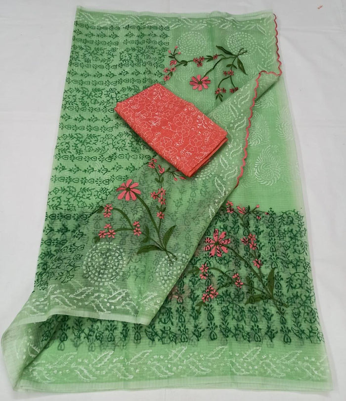 Kota Doria Cotton Embroidered Saree Green Colour with Fine Block Print