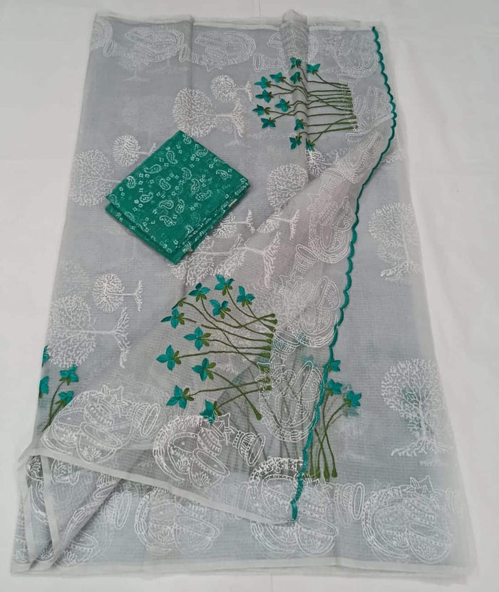 Kota Doria Cotton Embroidered Saree Grey Color with Fine Block Print