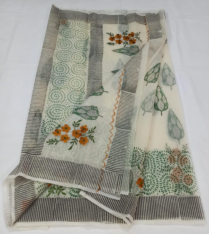 Kota Doria Cotton Embroidered Saree Off White Color with Fine Block Print