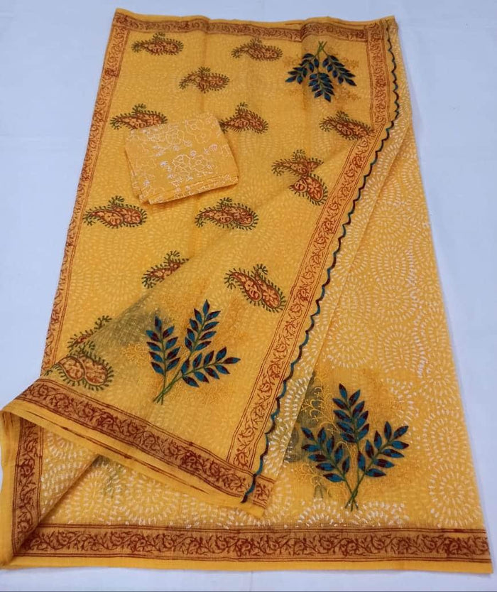 Kota Doria Cotton Embroidered Saree Orange Color with Fine Block Print