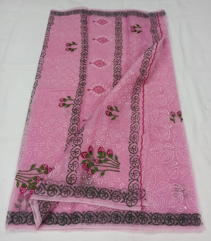 Kota Doria Cotton Embroidered Saree Pink Color with Fine Block Print