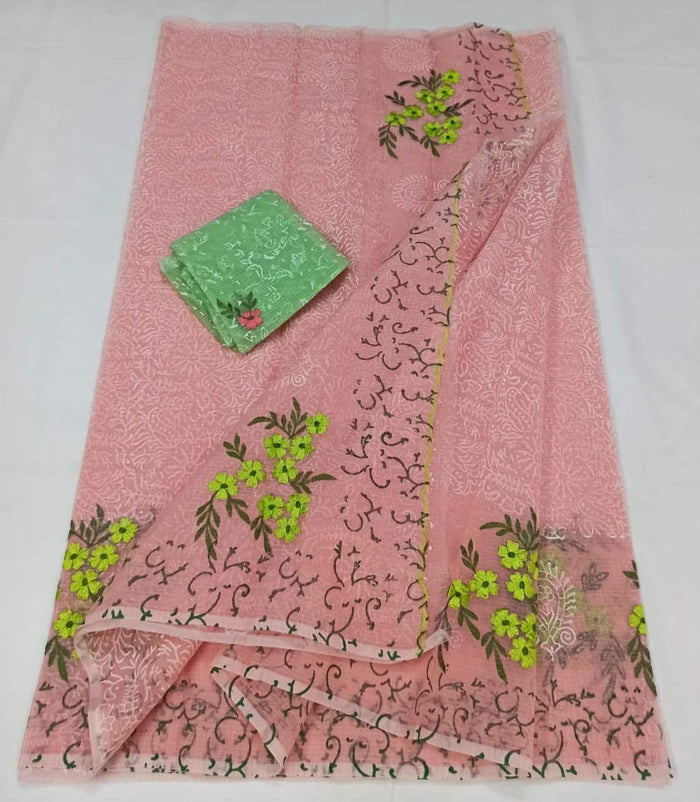 Kota Doria Cotton Embroidered Saree Pink Color with Fine Block Print