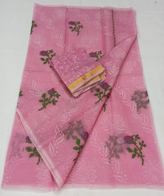 Kota Doria Cotton Embroidered Saree Pink Color with Fine Block Print