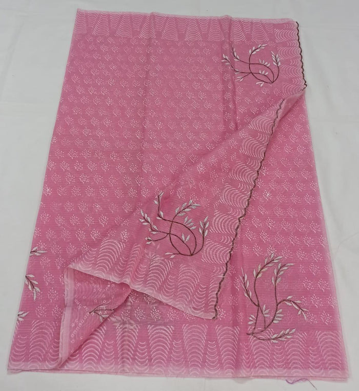 Kota Doria Cotton Embroidered Saree Pink Color with Fine Block Print