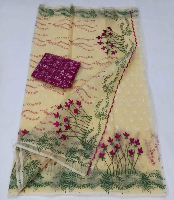 Kota Doria Cotton Embroidered Saree Yellow Color with Fine Block Print