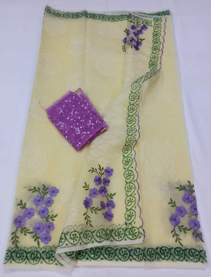 Kota Doria Cotton Embroidered Saree Yellow Color with Fine Block Print