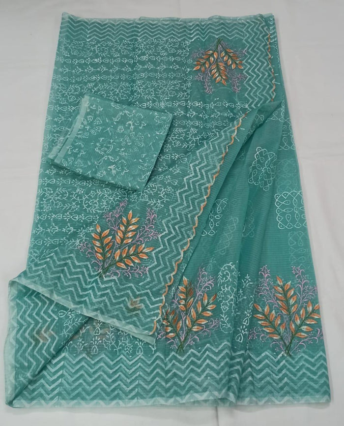 Kota Doria Cotton Embroidered Sea Blue Color Saree with Fine Block Print