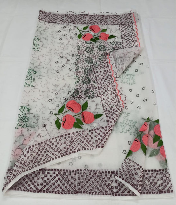 Kota Doria Cotton Embroidered White Color Saree with Fine Block Print