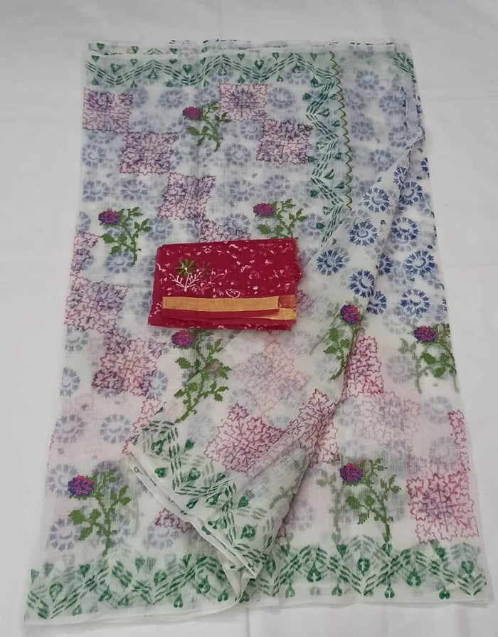Kota Doria Cotton Embroidered White Color Saree with Fine Block Print