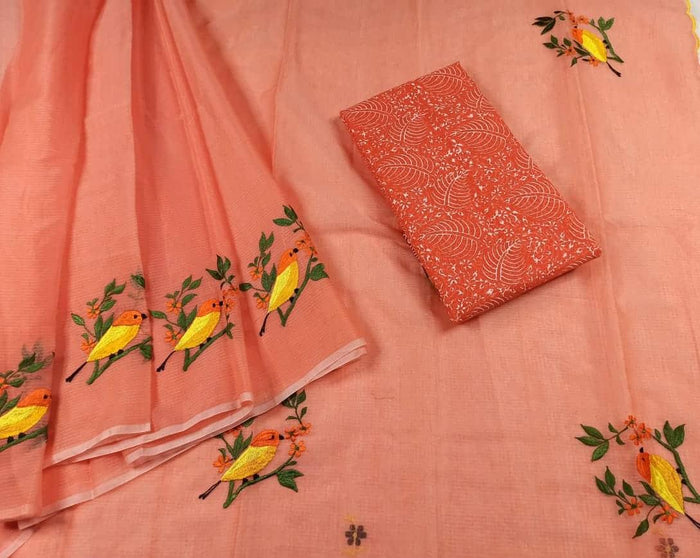 Kota Doria Cotton Embroidered Work Saree - Peach Color