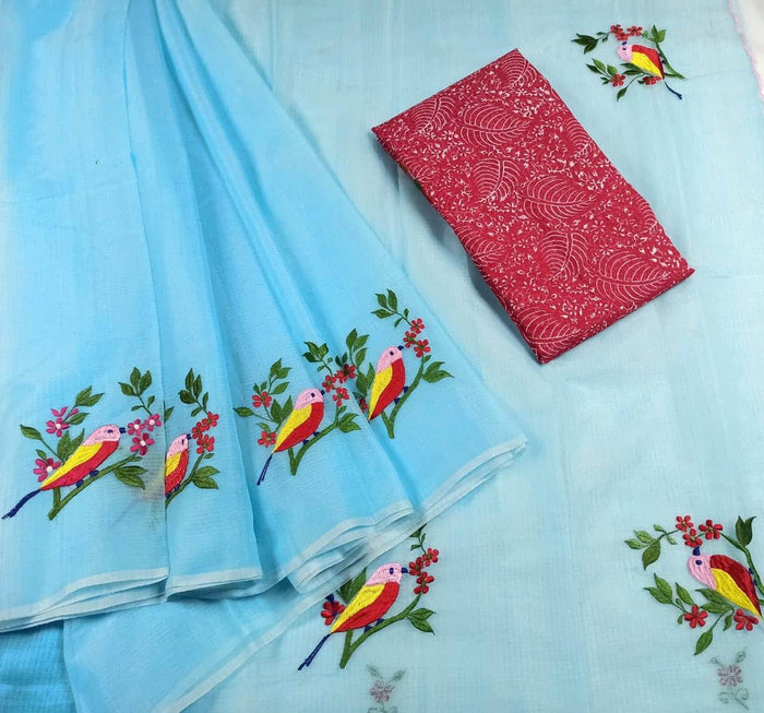 Kota Doria Cotton Embroidered Work Saree - Blue Color