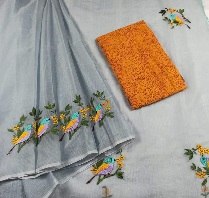 Kota Doria Cotton Embroidered Work Saree - Grey Color