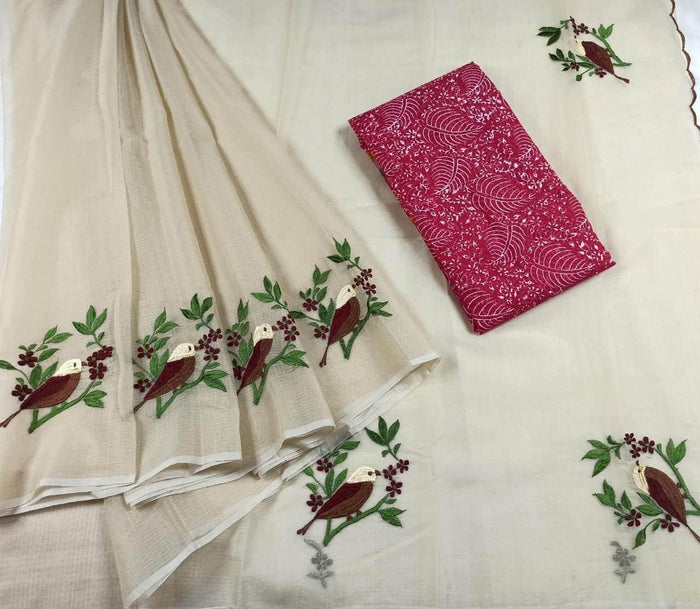 Kota Doria Cotton Embroidered Work Saree - Off White Color