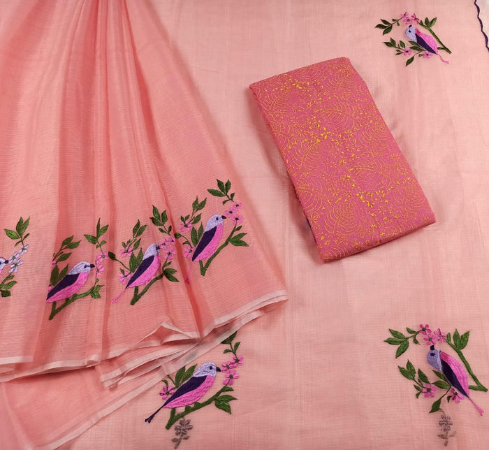 Kota Doria Cotton Embroidered Work Saree - Pink Color