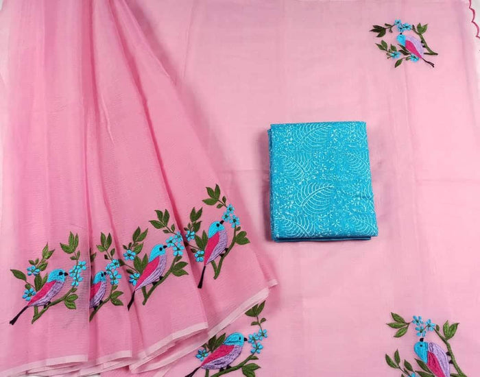 Kota Doria Cotton Embroidered Work Saree - Pink