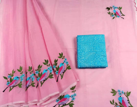 Kota Doria Cotton Embroidered Work Saree - Trend In Need