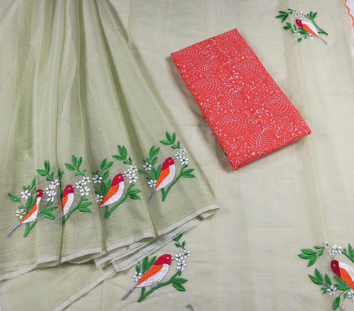Kota Doria Cotton Embroidered Work Saree - Green Color