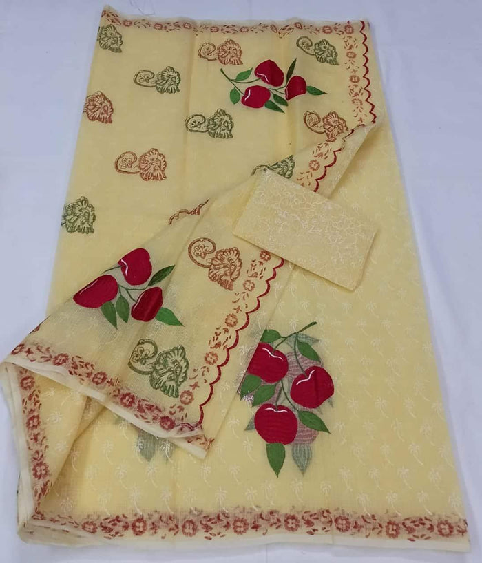 Kota Doria Cotton Embroidered Yellow Color Saree with Fine Block Print