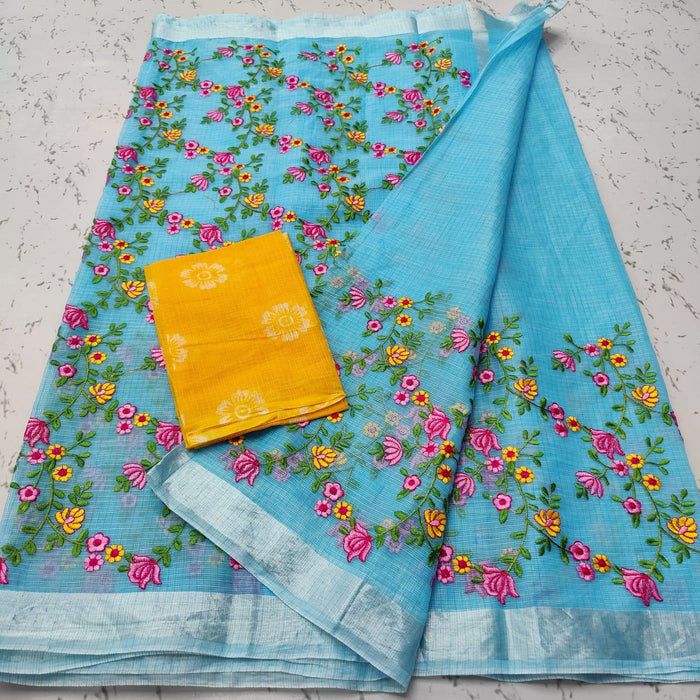 Kota Doria Cotton Embroidery Blue Color Sarees