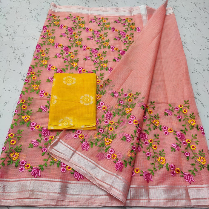 Kota Doria Cotton Embroidery Peach Color Sarees