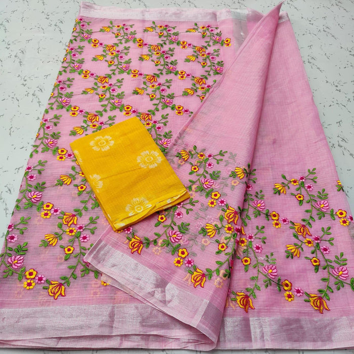 Kota Doria Cotton Embroidery Pink Color Sarees