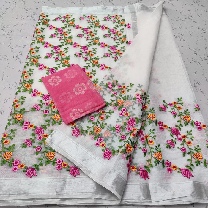 Kota Doria Cotton Embroidery White Color Sarees