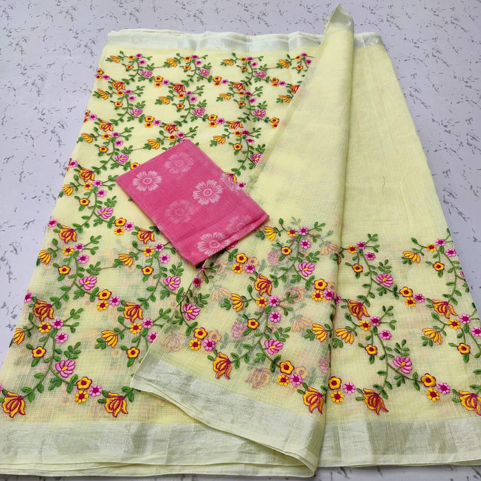 Kota Doria Cotton Embroidery Yellow Color Sarees