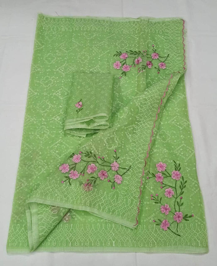 Kota Doria Cotton Green Color Embroidered Saree with Fine Block Print