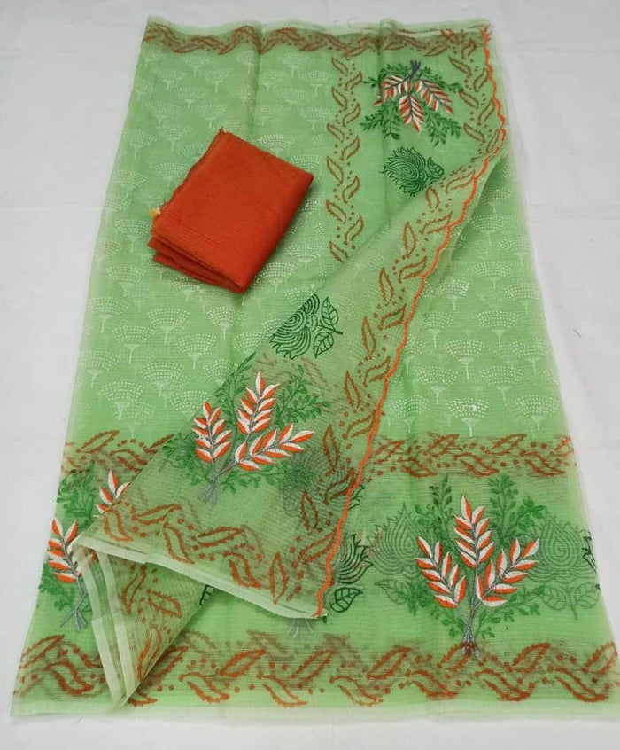 Kota Doria Cotton Green Color Embroidered Saree with Fine Block Print