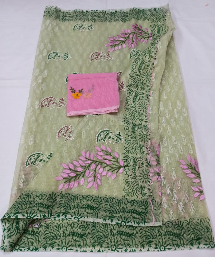 Kota Doria Cotton Green Color Embroidered Saree with Fine Block Print