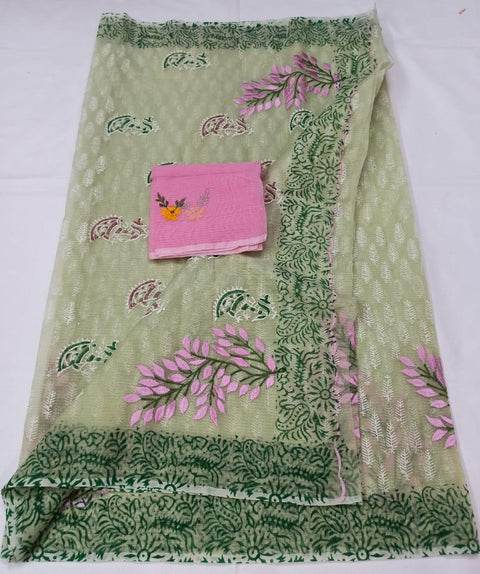 Kota Doria Cotton Green Color Embroidered Saree with Fine Block Print - Trend In Need